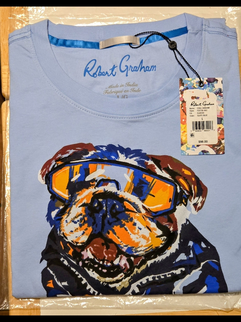 Robert Graham Light Blue Tee with Colorful Bulldog Graphic